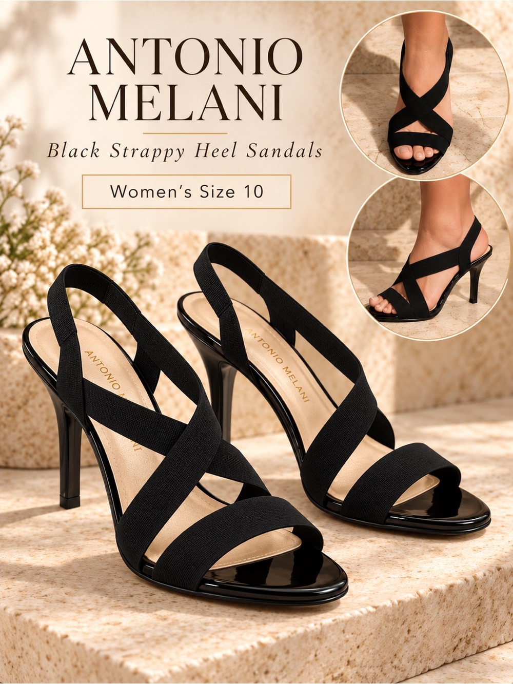 Antonio Melani Black Strappy Slingback Heels Sandals Size 10